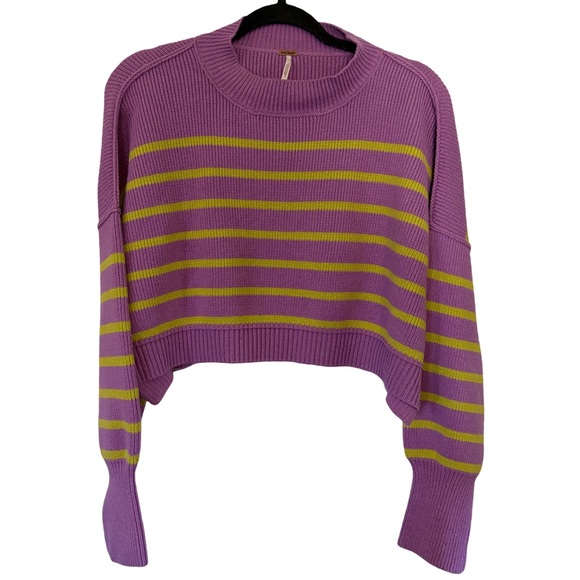 Free People Sweaters - Free People Striped Cropped Sweater Purple Green Oversized Ribbed Knit